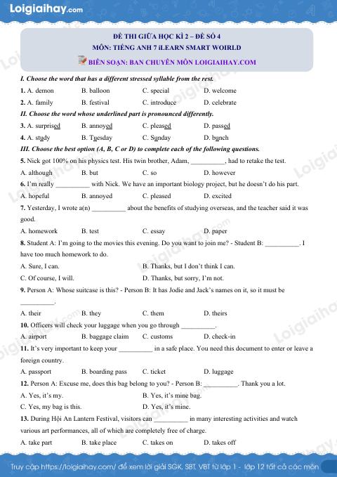Đề thi giữa kì 2 Tiếng Anh 7 iLearn Smart World - Đề số 4